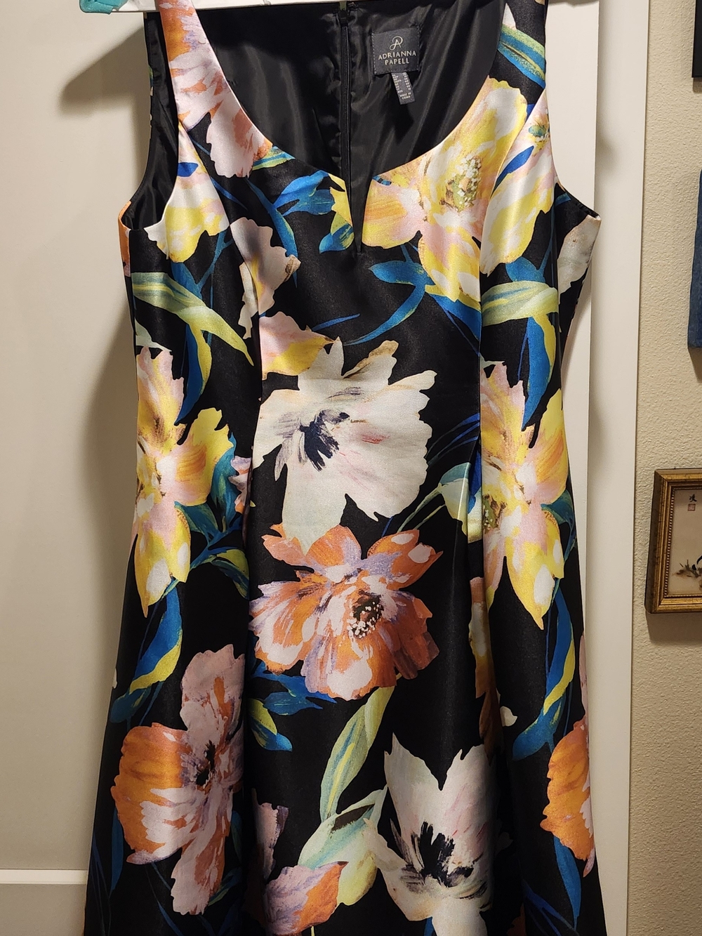 Adrianna Papell Black Floral Fit-and-Flare Dress with Multicolor Blooms